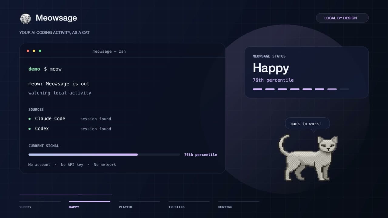 Meowsage, a pixel-art coding companion, awake on a desktop