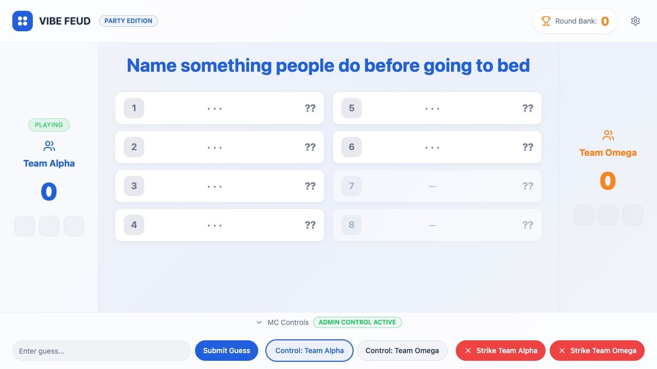 Vibe Feud face-off screen with a locked survey question